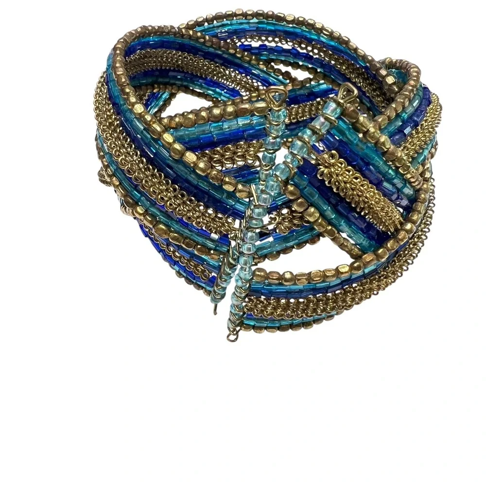 Beaded Cuff Bracelet Blue Gold Tone Statement‎ Bohemian Fashion Jewelry